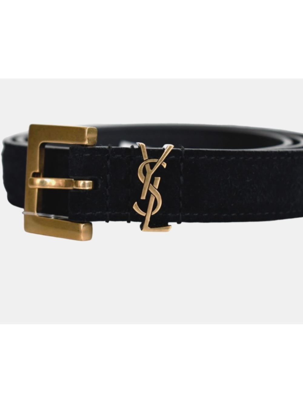 Women's Saint Laurent Black Suede Belt with Gold YSL Logo
80/32 inches